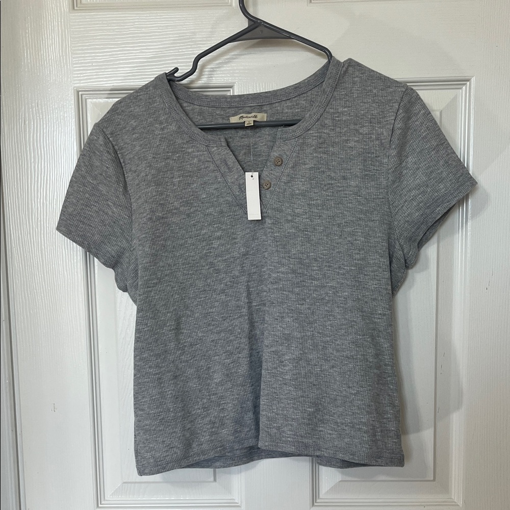 Madewell Heather Gray Ribbed Short-Sleeve Crop Henley